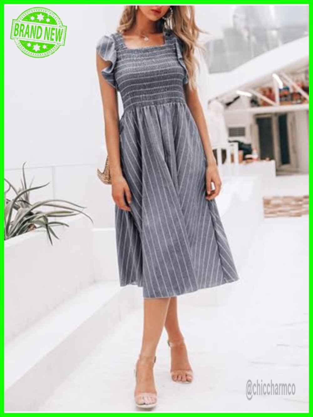 Cotton Linen Midi Dress with Pockets Square Neck Flutter Sleeve Boho - Picture 2 of 7